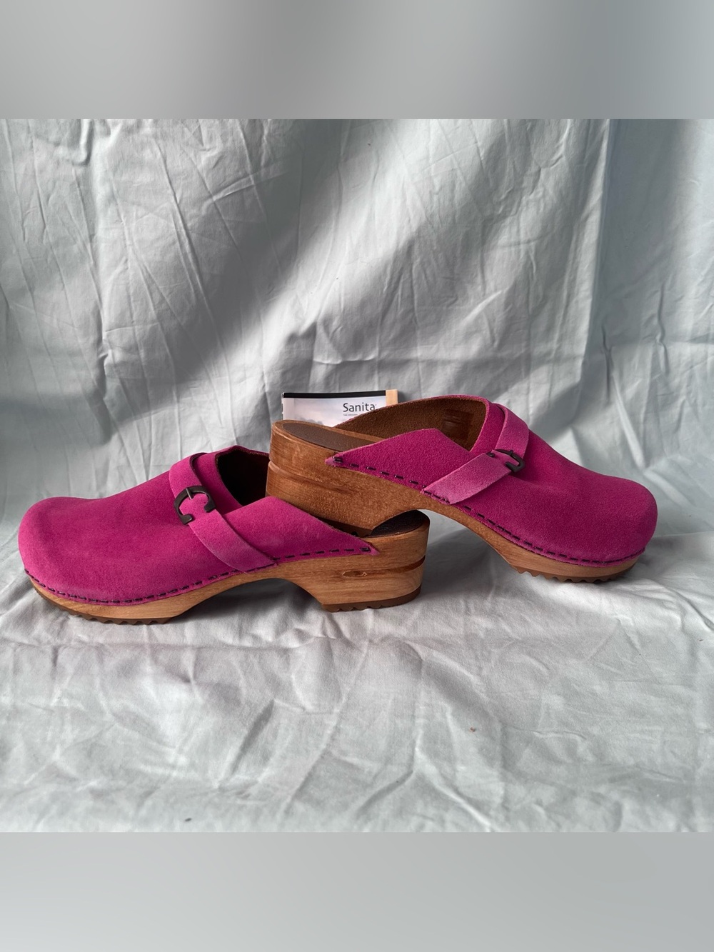 Sanita Bright Pink Suede Slip-On Clogs with Buckle - Picture 3 of 4